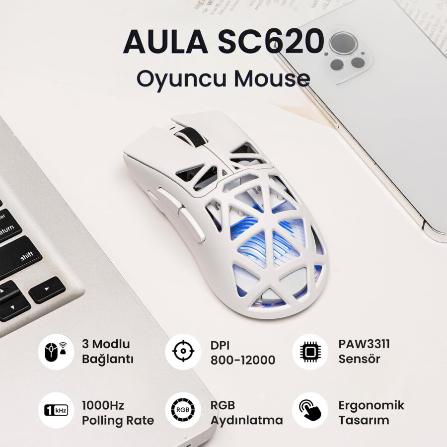 Aula SC620 PAW3311 12000 DPI 1000Hz Tri-Mode Kablolu Kablosuz Gaming Oyuncu Mouse Desenli Beyaz - 2