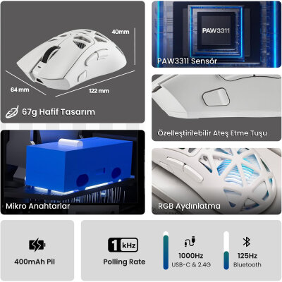 Aula SC620 PAW3311 12000 DPI 1000Hz Tri-Mode Kablolu Kablosuz Gaming Oyuncu Mouse Desenli Beyaz - 3