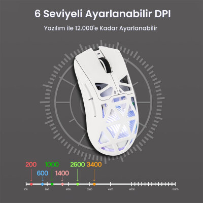 Aula SC620 PAW3311 12000 DPI 1000Hz Tri-Mode Kablolu Kablosuz Gaming Oyuncu Mouse Desenli Beyaz - 5