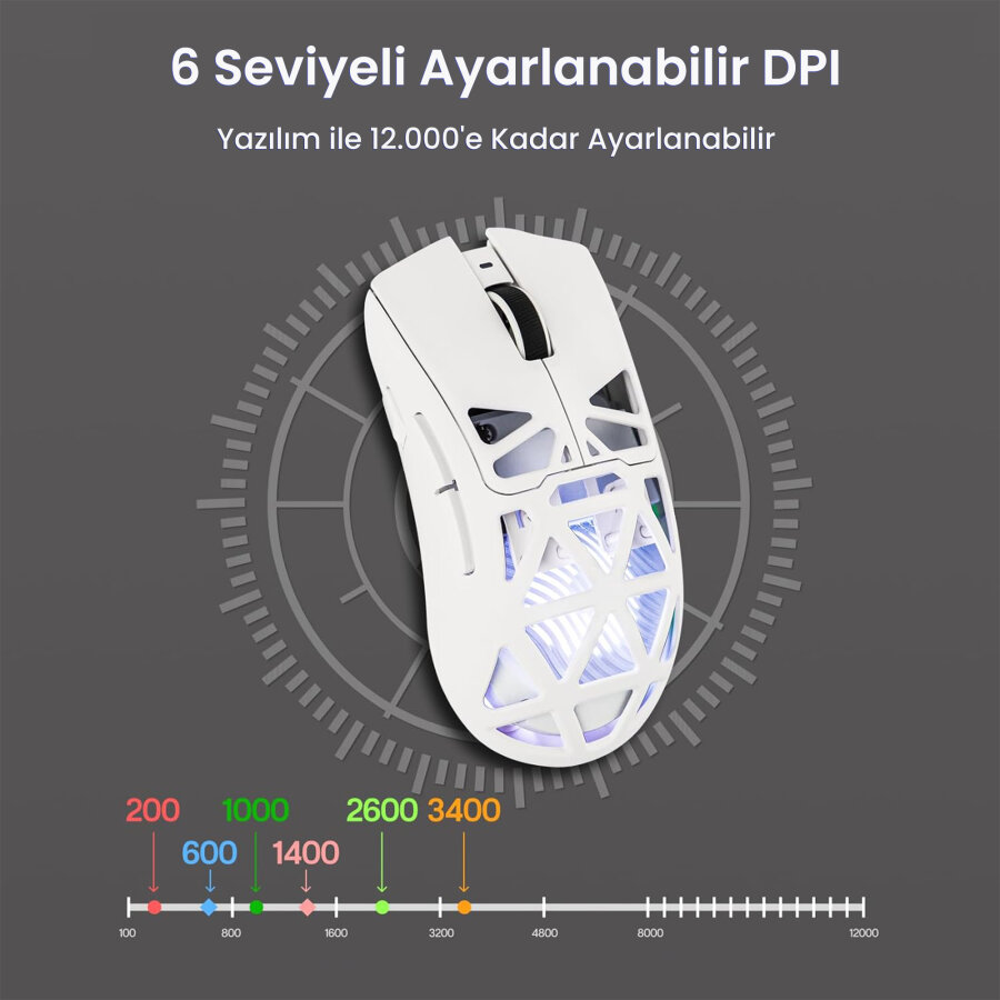 Aula SC620 PAW3311 12000 DPI 1000Hz Tri-Mode Kablolu Kablosuz Gaming Oyuncu Mouse Desenli Beyaz - 5