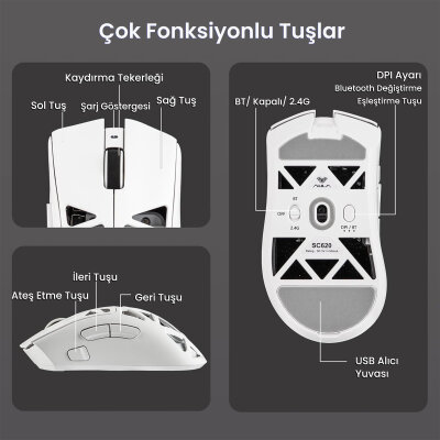 Aula SC620 PAW3311 12000 DPI 1000Hz Tri-Mode Kablolu Kablosuz Gaming Oyuncu Mouse Desenli Beyaz - 6