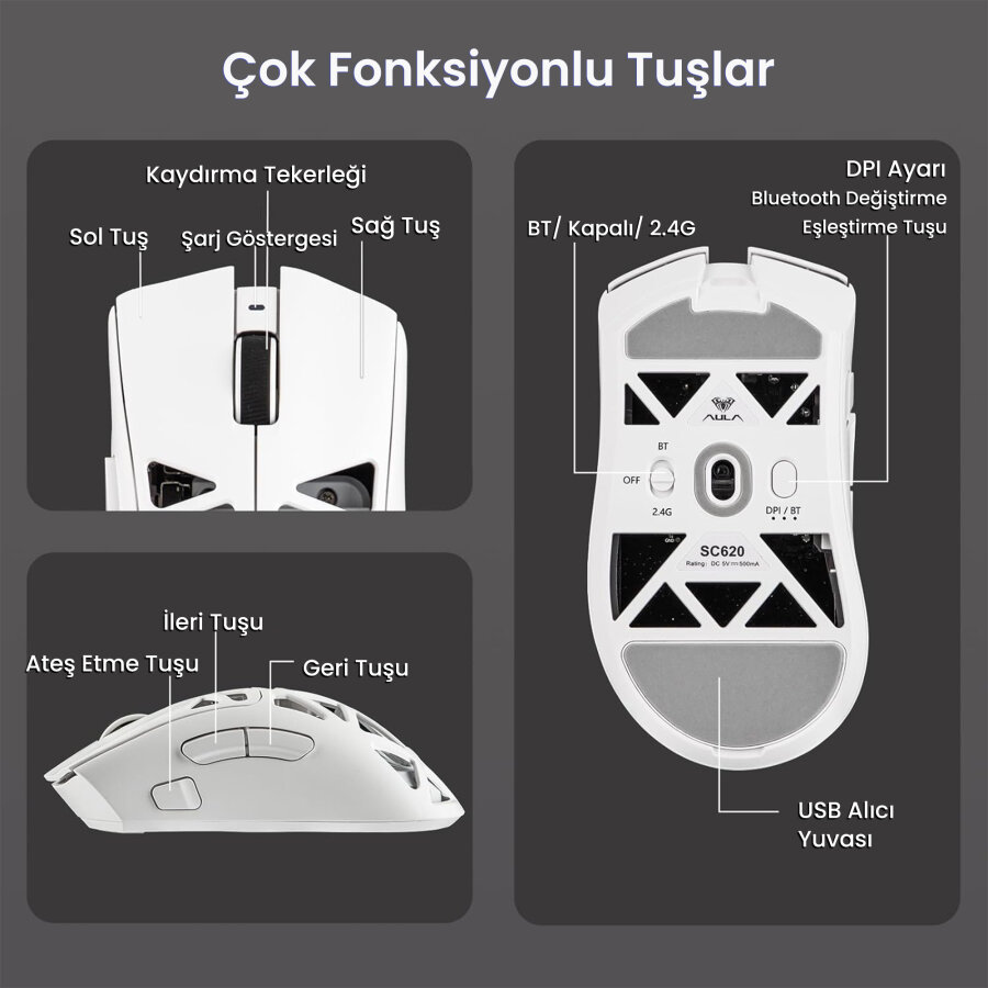 Aula SC620 PAW3311 12000 DPI 1000Hz Tri-Mode Kablolu Kablosuz Gaming Oyuncu Mouse Desenli Beyaz - 6