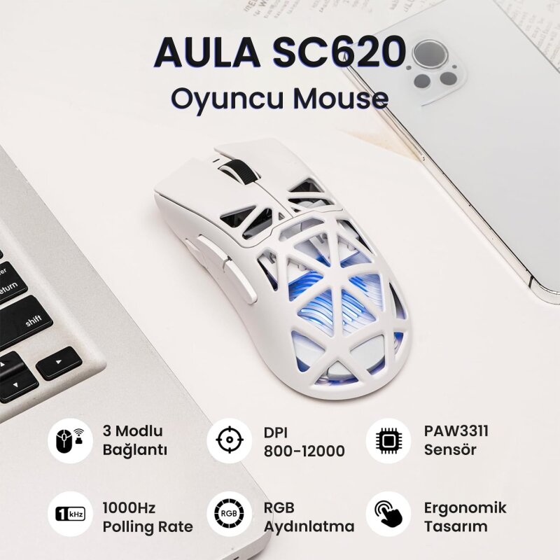 Aula SC620 PAW3311 Sensör 12000 DPI 1000Hz Kablosuz ve Kablolu Gaming Oyuncu Mouse 2.4GHz Beyaz - 2
