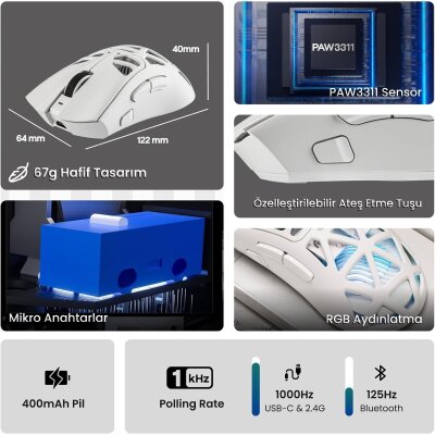 Aula SC620 PAW3311 Sensör 12000 DPI 1000Hz Kablosuz ve Kablolu Gaming Oyuncu Mouse 2.4GHz Beyaz - 3