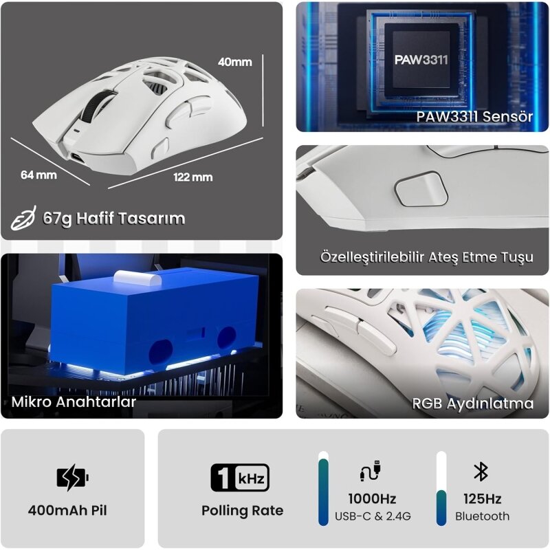 Aula SC620 PAW3311 Sensör 12000 DPI 1000Hz Kablosuz ve Kablolu Gaming Oyuncu Mouse 2.4GHz Beyaz - 3
