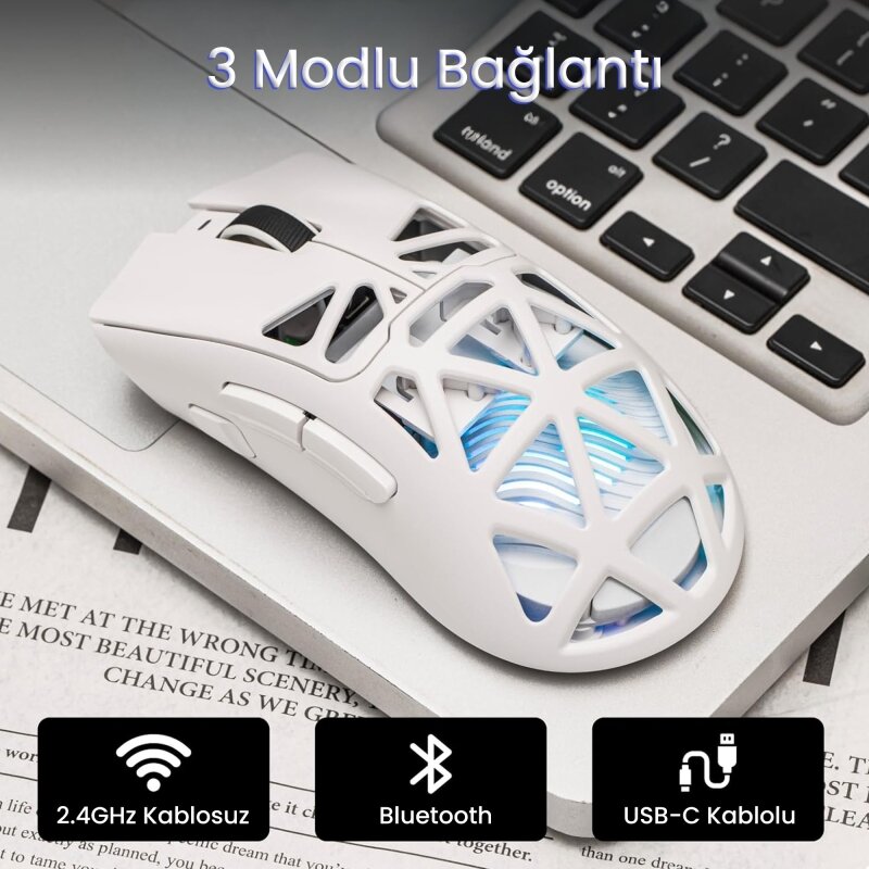 Aula SC620 PAW3311 Sensör 12000 DPI 1000Hz Kablosuz ve Kablolu Gaming Oyuncu Mouse 2.4GHz Beyaz - 4