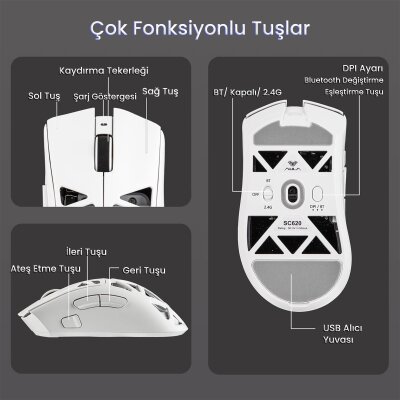 Aula SC620 PAW3311 Sensör 12000 DPI 1000Hz Kablosuz ve Kablolu Gaming Oyuncu Mouse 2.4GHz Beyaz - 6