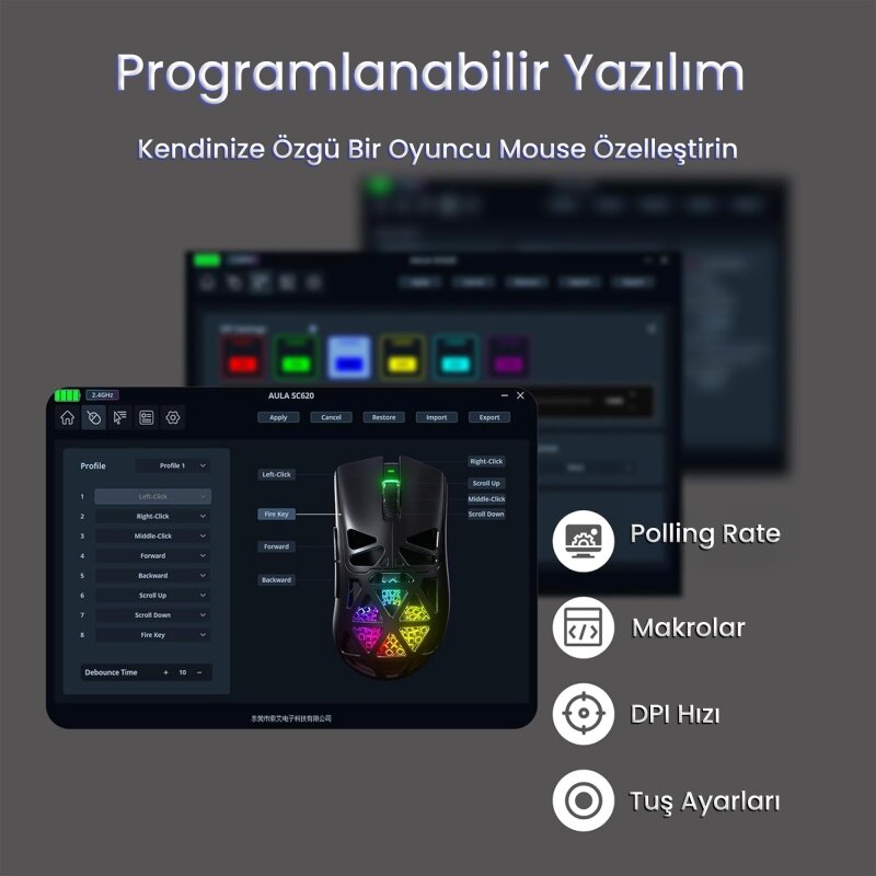 Aula SC620 PAW3311 Sensör 12000 DPI 1000Hz Kablosuz ve Kablolu Gaming Oyuncu Mouse 2.4GHz Beyaz - 7