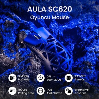 Aula SC620 PAW3311 Sensör 12000 DPI 1000Hz Kablosuz ve Kablolu Gaming Oyuncu Mouse 2.4GHz Siyah - 2