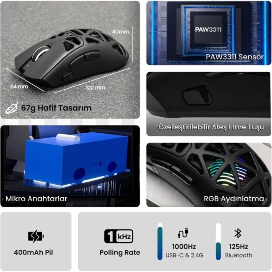 Aula SC620 PAW3311 Sensör 12000 DPI 1000Hz Kablosuz ve Kablolu Gaming Oyuncu Mouse 2.4GHz Siyah - 3