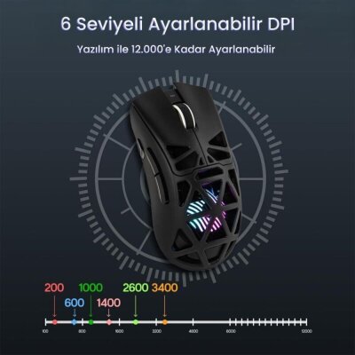 Aula SC620 PAW3311 Sensör 12000 DPI 1000Hz Kablosuz ve Kablolu Gaming Oyuncu Mouse 2.4GHz Siyah - 4