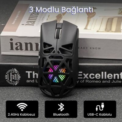 Aula SC620 PAW3311 Sensör 12000 DPI 1000Hz Kablosuz ve Kablolu Gaming Oyuncu Mouse 2.4GHz Siyah - 5