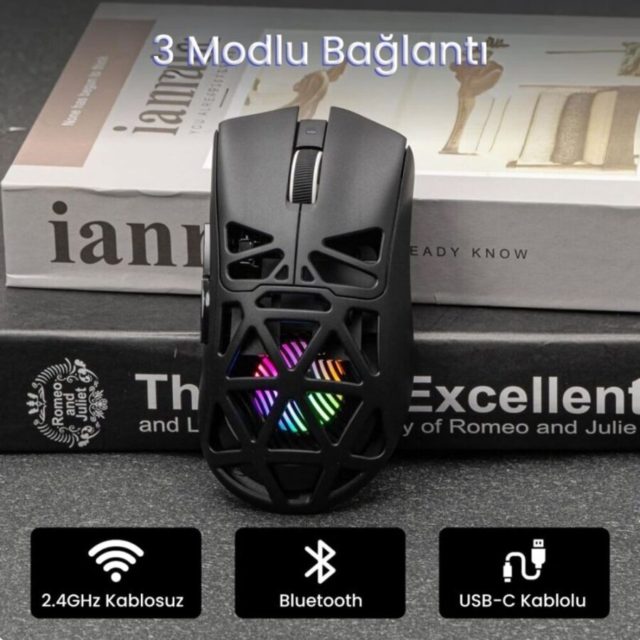 Aula SC620 PAW3311 Sensör 12000 DPI 1000Hz Kablosuz ve Kablolu Gaming Oyuncu Mouse 2.4GHz Siyah - 5