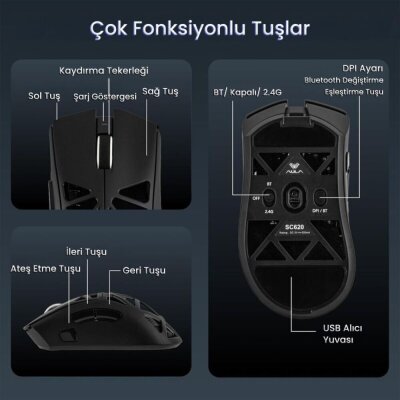 Aula SC620 PAW3311 Sensör 12000 DPI 1000Hz Kablosuz ve Kablolu Gaming Oyuncu Mouse 2.4GHz Siyah - 6