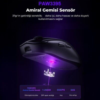 Aula SC800 LightWeight PAW3395 Sensör 26000 DPI 8000Hz Kablolu ve Kablosuz Gaming Oyuncu Mouse Beyaz - 4