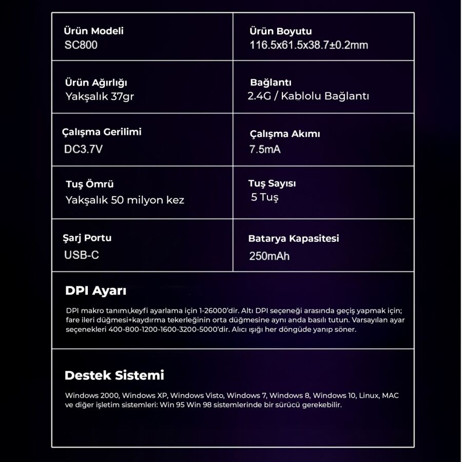 Aula SC800 LightWeight PAW3395 Sensör 26000 DPI 8000Hz Kablolu ve Kablosuz Gaming Oyuncu Mouse Beyaz - 9