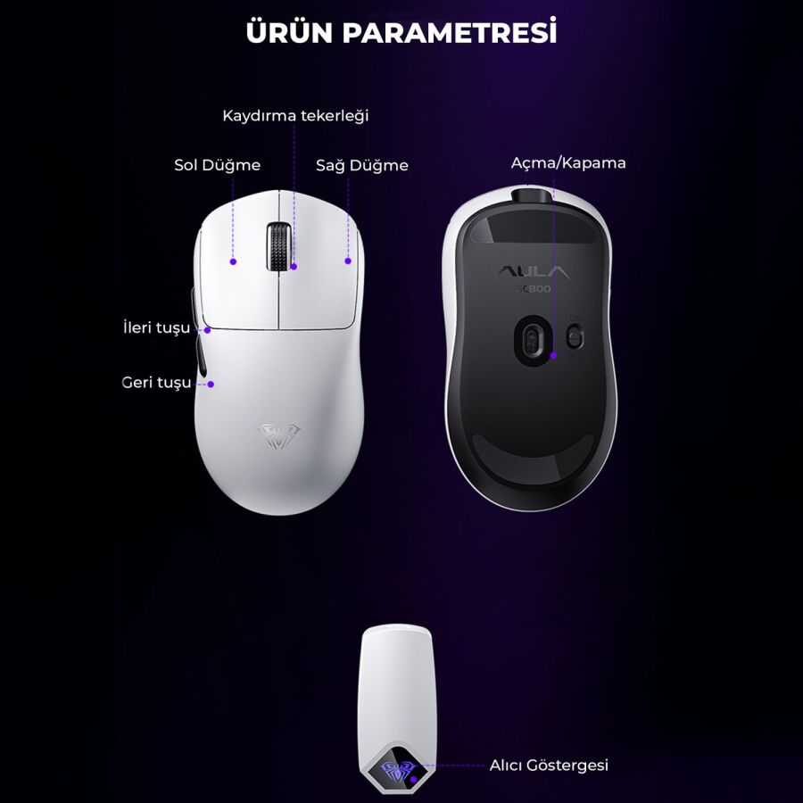 Aula SC800 LightWeight PAW3395 Sensör 26000 DPI 8000Hz Kablolu ve Kablosuz Gaming Oyuncu Mouse Siyah - 8