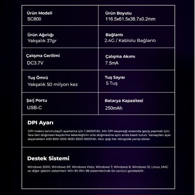 Aula SC800 LightWeight PAW3395 Sensör 26000 DPI 8000Hz Kablolu ve Kablosuz Gaming Oyuncu Mouse Siyah - 9