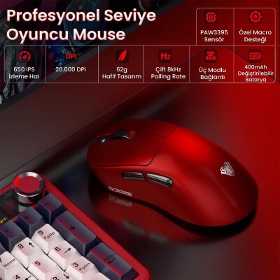 Aula SC900 Max PAW3395 Sensör 30000 DPI 8000Hz Kablolu ve Kablosuz Gaming Oyuncu Mouse Kırmızı - 2