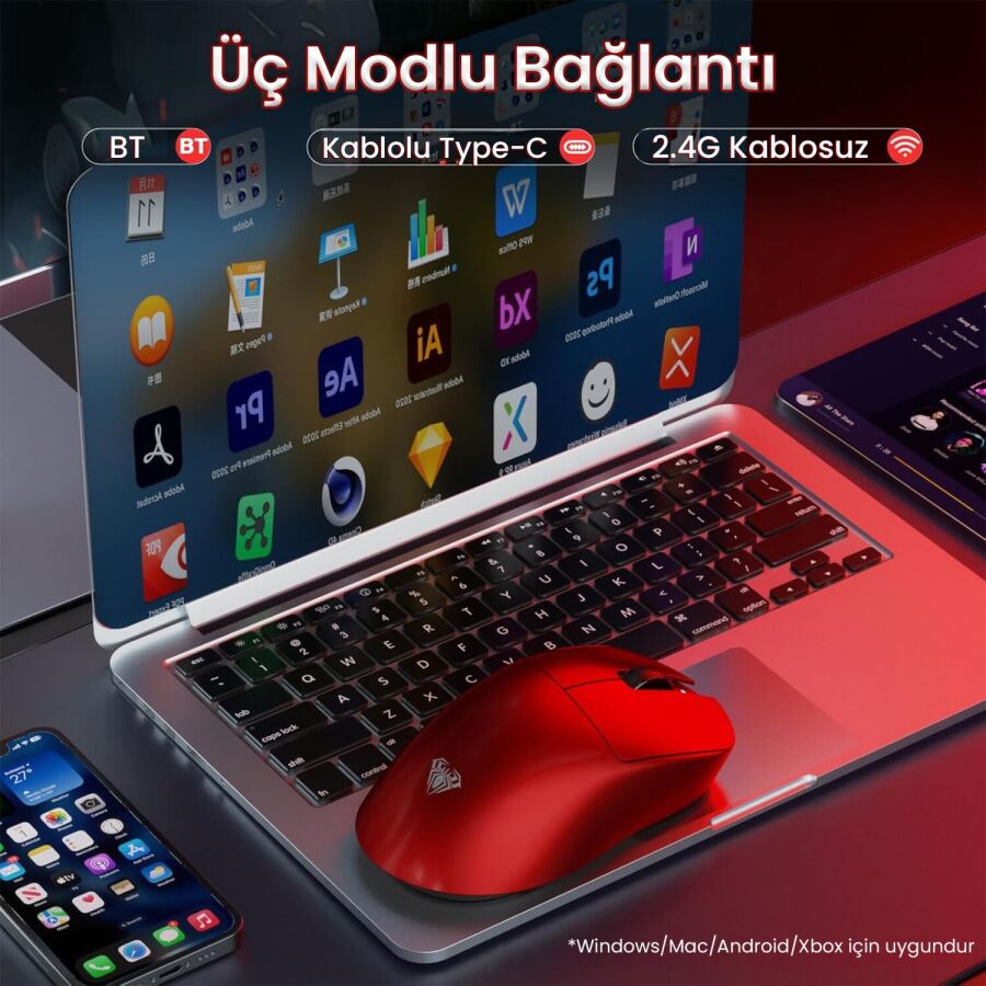 Aula SC900 Max PAW3395 Sensör 30000 DPI 8000Hz Kablolu ve Kablosuz Gaming Oyuncu Mouse Kırmızı - 3