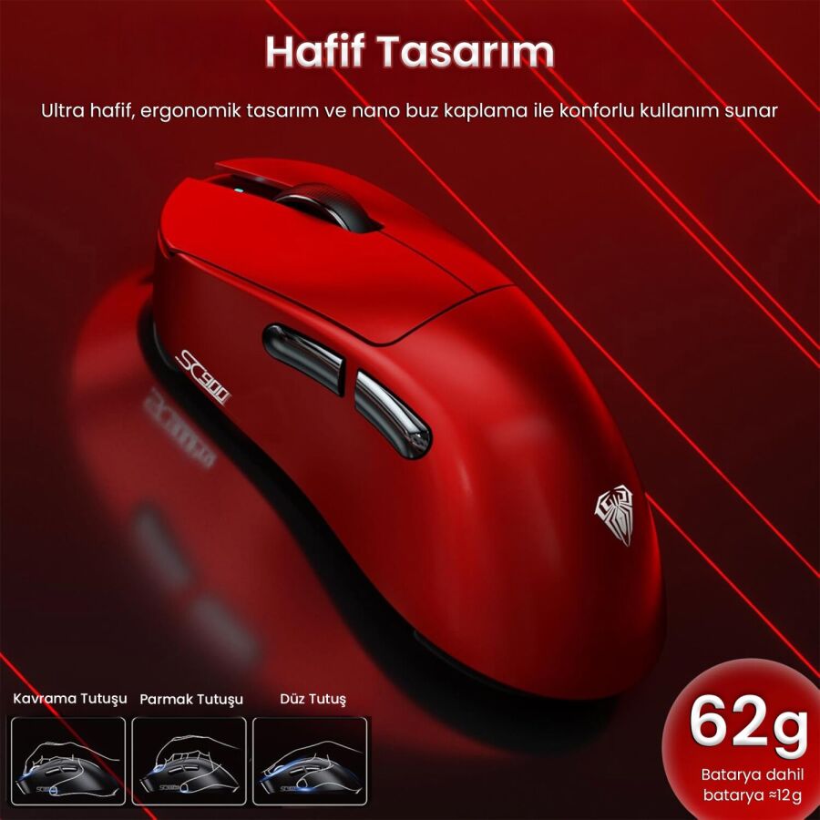 Aula SC900 Max PAW3395 Sensör 30000 DPI 8000Hz Kablolu ve Kablosuz Gaming Oyuncu Mouse Kırmızı - 7