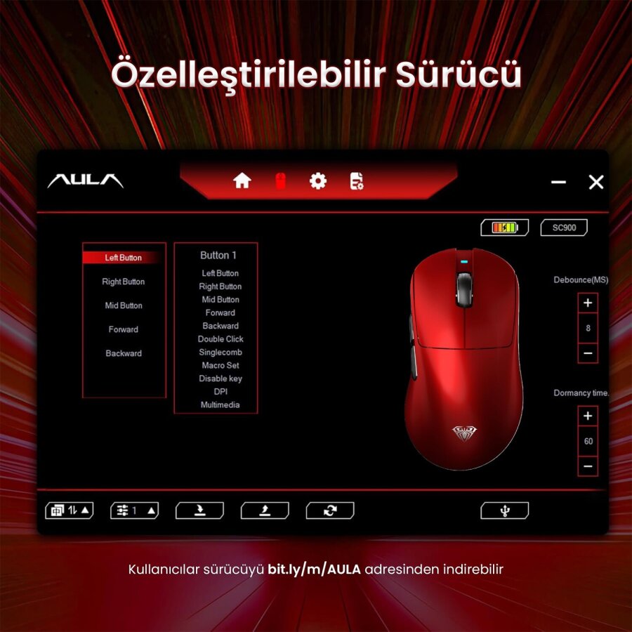Aula SC900 Max PAW3950 Sensör 30000 DPI 8000Hz Kablolu ve Kablosuz Gaming Oyuncu Mouse Kırmızı - 9