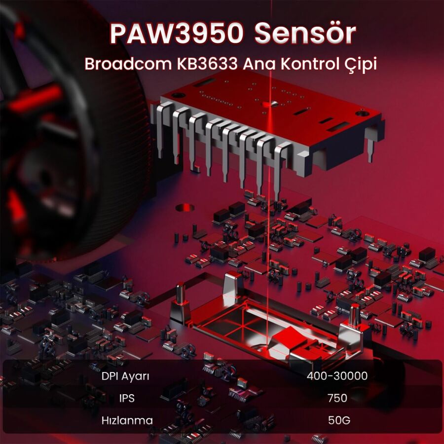 Aula SC900 Max PAW3950 Sensör 30000 DPI 8000Hz Kablolu ve Kablosuz Gaming Oyuncu Mouse Kırmızı - 4