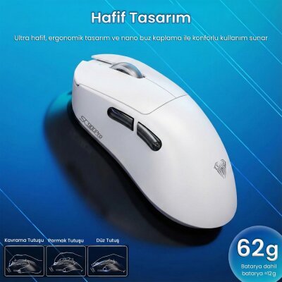 Aula SC900 Pro PAW3395 Sensör 26000 DPI 8000Hz Kablolu ve Kablosuz Gaming Oyuncu Mouse Beyaz - 7
