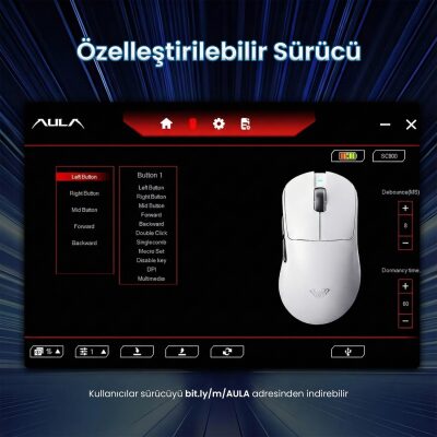 Aula SC900 Pro PAW3395 Sensör 26000 DPI 8000Hz Kablolu ve Kablosuz Gaming Oyuncu Mouse Beyaz - 9