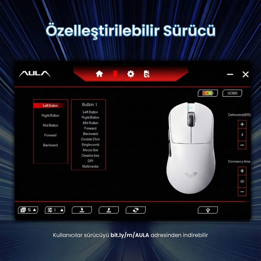Aula SC900 Pro PAW3395 Sensör 26000 DPI 8000Hz Kablolu ve Kablosuz Gaming Oyuncu Mouse Beyaz - 9