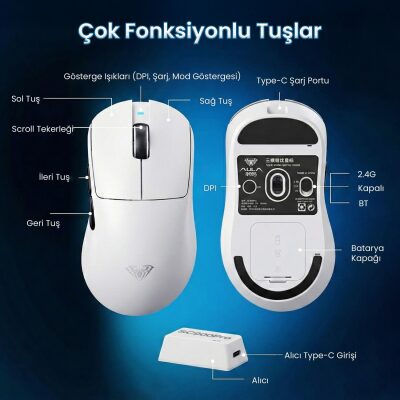 Aula SC900 Pro PAW3395 Sensör 26000 DPI 8000Hz Kablolu ve Kablosuz Gaming Oyuncu Mouse Beyaz - 8