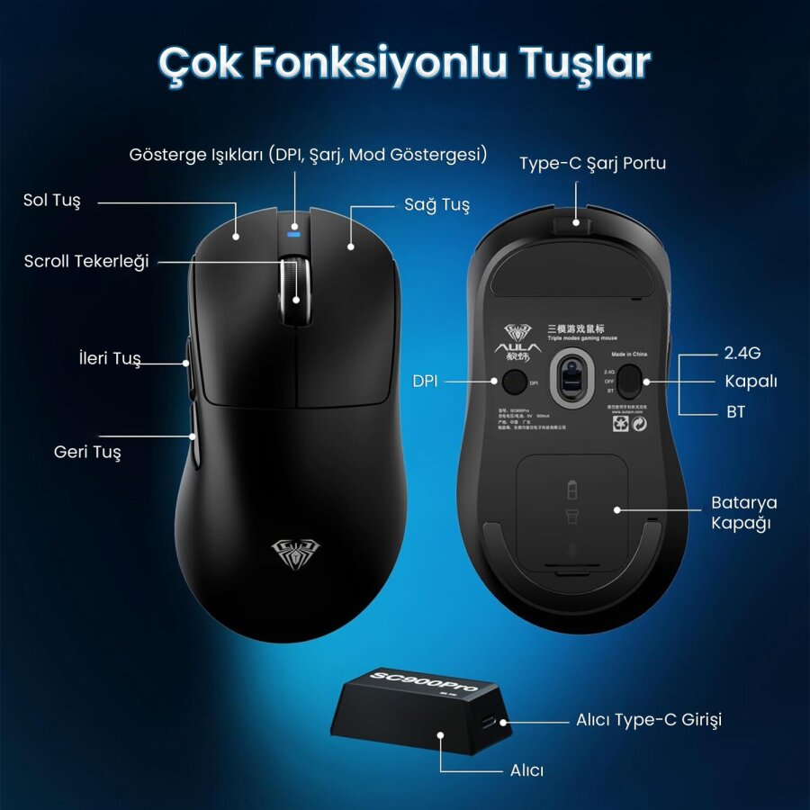 Aula SC900 Pro PAW3395 Sensör 26000 DPI 8000Hz Kablolu ve Kablosuz Gaming Oyuncu Mouse Siyah - 8