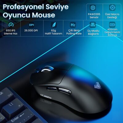 Aula SC900 Pro PAW3395 Sensör 26000 DPI 8000Hz Kablolu ve Kablosuz Gaming Oyuncu Mouse Siyah - 2