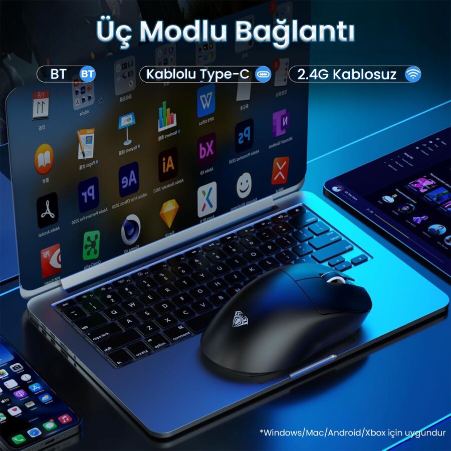 Aula SC900 Pro PAW3395 Sensör 26000 DPI 8000Hz Kablolu ve Kablosuz Gaming Oyuncu Mouse Siyah - 3