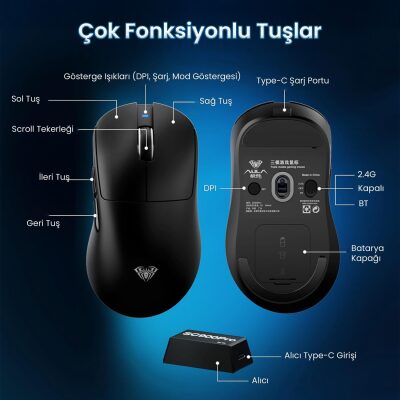 Aula SC900 Pro PAW3395 Sensör 26000 DPI 8000Hz Kablolu ve Kablosuz Gaming Oyuncu Mouse Siyah - 8