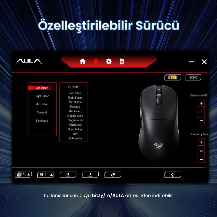 Aula SC900 Pro PAW3395 Sensör 26000 DPI 8000Hz Kablolu ve Kablosuz Gaming Oyuncu Mouse Siyah - 9