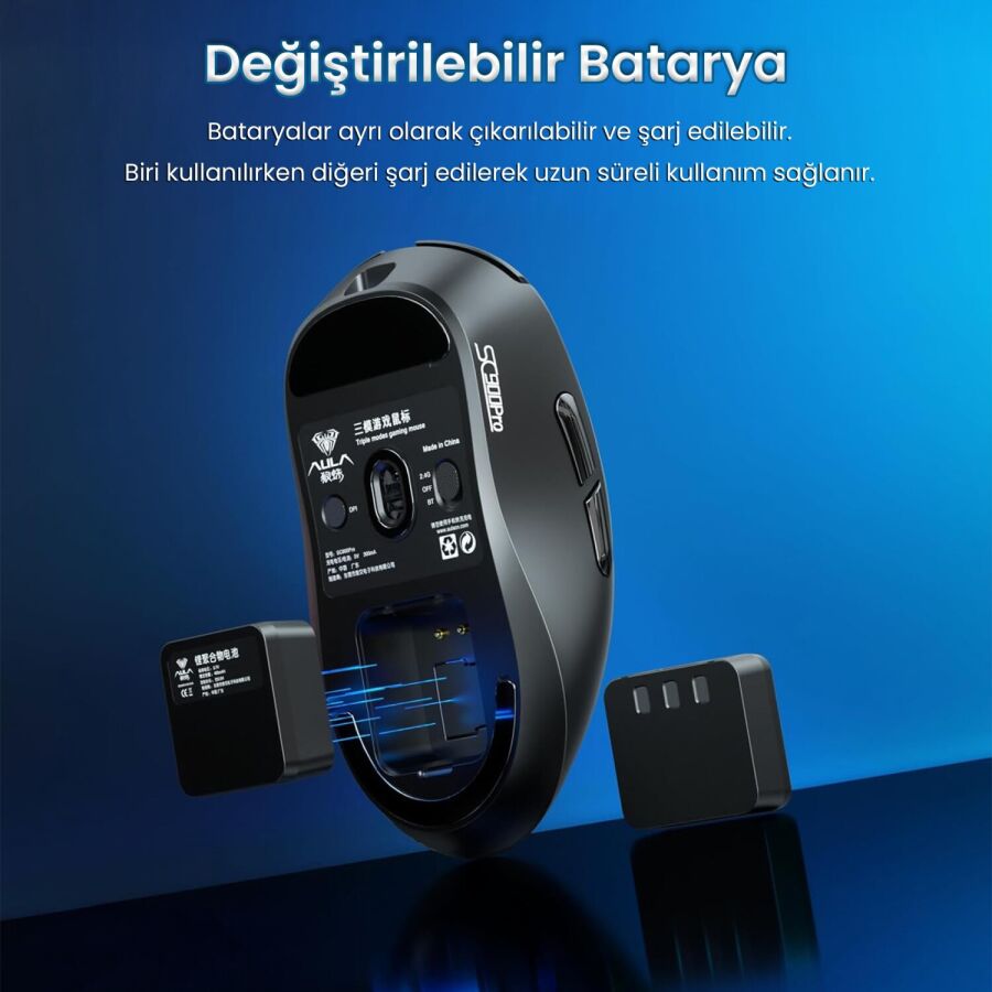 Aula SC900 Pro PAW3395 Sensör 26000 DPI 8000Hz Kablolu ve Kablosuz Gaming Oyuncu Mouse Siyah - 6