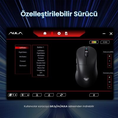 Aula SC900 Pro PAW3395 Sensör 26000 DPI 8000Hz Kablolu ve Kablosuz Gaming Oyuncu Mouse Siyah - 9