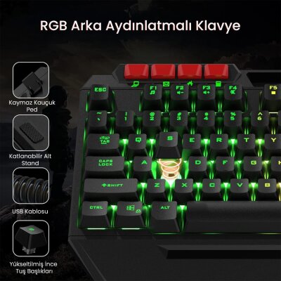 Aula T650 4 in 1 Gaming Set RGB Kablolu Membran Klavye 3600 DPI Mouse Mikrofonlu Oyuncu Kulaklığı Mousepad - 2