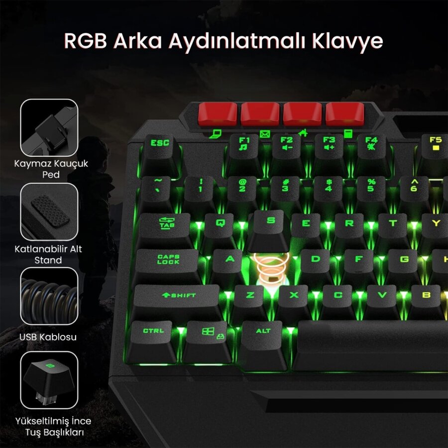 Aula T650 4 in 1 Gaming Set RGB Kablolu Membran Klavye 3600 DPI Mouse Mikrofonlu Oyuncu Kulaklığı Mousepad - 2