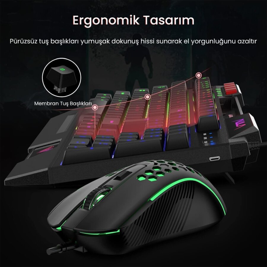 Aula T650 4 in 1 Gaming Set RGB Kablolu Membran Klavye 3600 DPI Mouse Mikrofonlu Oyuncu Kulaklığı Mousepad - 3