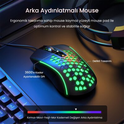 Aula T650 4 in 1 Gaming Set RGB Kablolu Membran Klavye 3600 DPI Mouse Mikrofonlu Oyuncu Kulaklığı Mousepad - 4