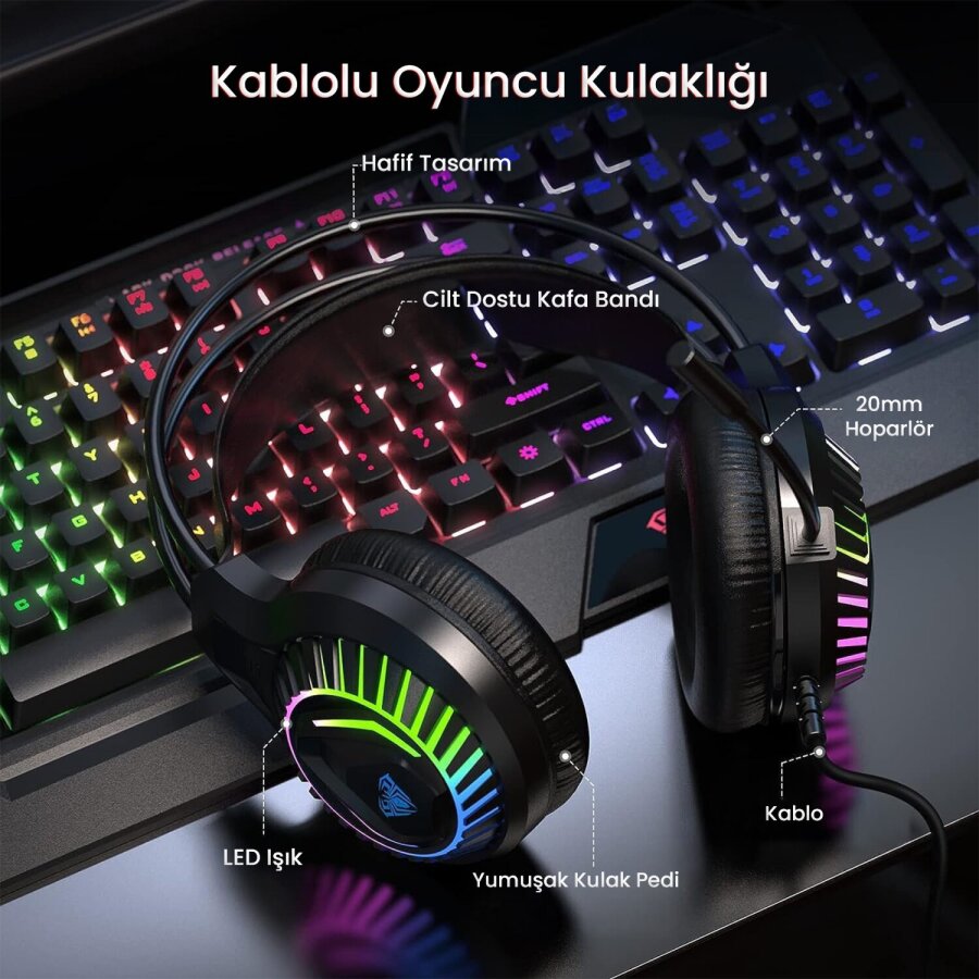 Aula T650 4 in 1 Gaming Set RGB Kablolu Membran Klavye 3600 DPI Mouse Mikrofonlu Oyuncu Kulaklığı Mousepad - 5