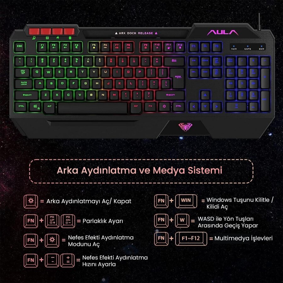 Aula T650 4 in 1 Gaming Set RGB Kablolu Membran Klavye 3600 DPI Mouse Mikrofonlu Oyuncu Kulaklığı Mousepad - 6