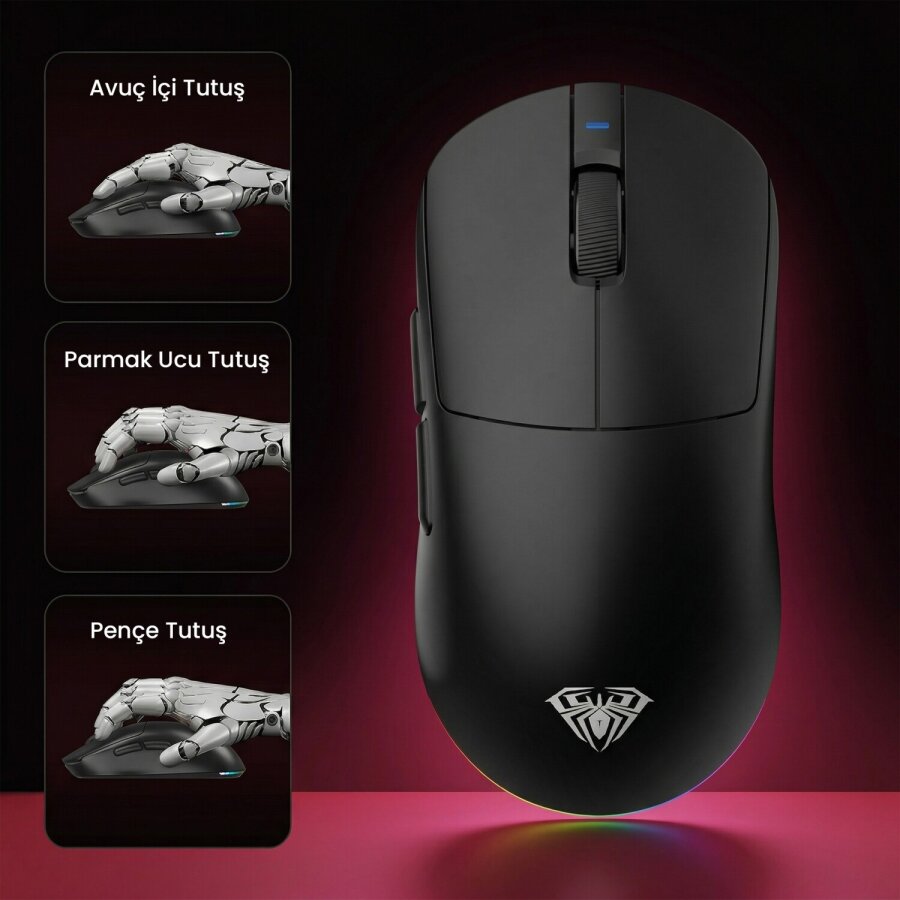 Aula V9 Pro 26000 DPI PAW3395 8000Hz Tri-Mode Kablosuz RGB Omron Switch Lightweight E-Spor Gaming Oyuncu Mouse Siyah - 4