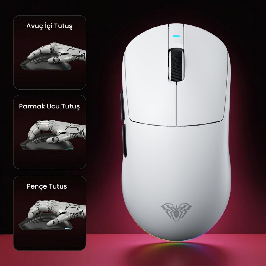 Aula V9 Pro Plus 26000 DPI PAW3395 8000Hz Tri-Mode Kablosuz RGB Omron Switch Lightweight E-Spor Gaming Oyuncu Mouse Beyaz - 4
