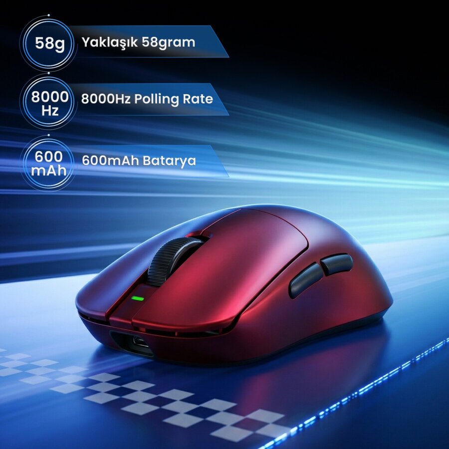 Aula V9 Ultra 42000 DPI PAW3950 8000Hz Tri-Mode Kablosuz RGB Omron Switch Lightweight E-Spor Gaming Oyuncu Mouse Kırmızı - 3