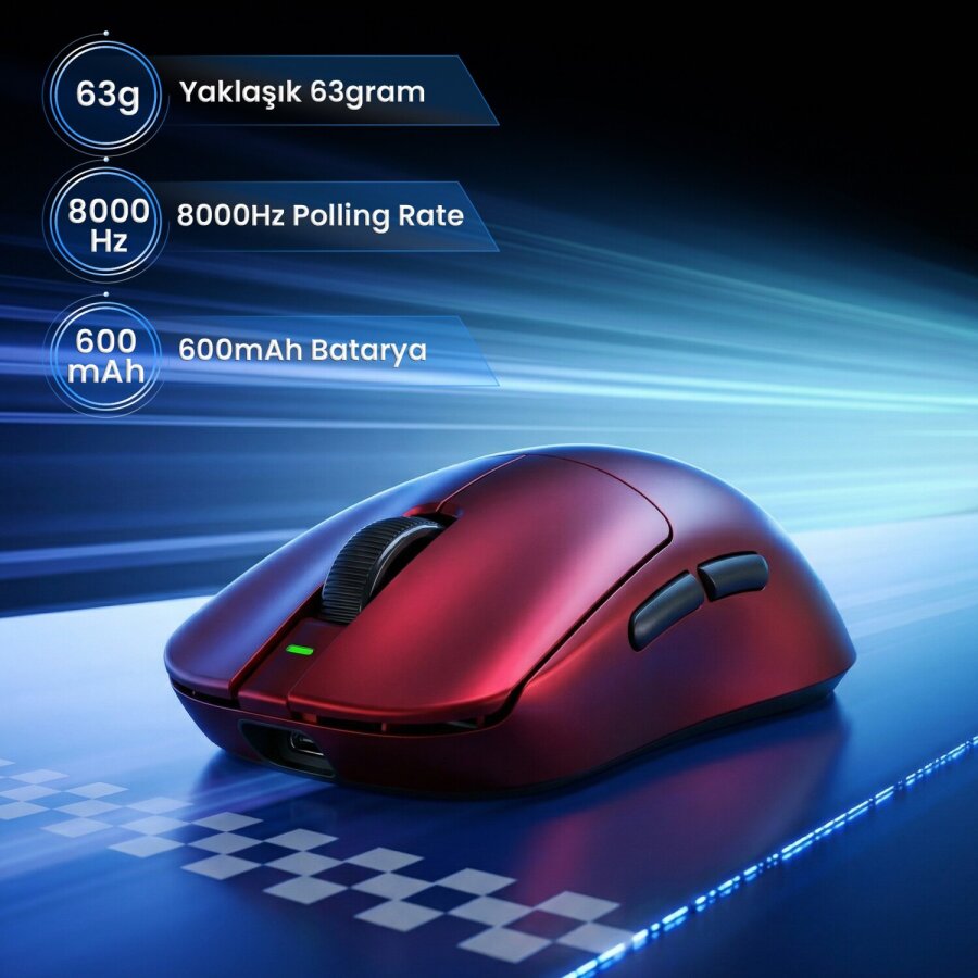 Aula V9 Ultra Plus 42000 DPI PAW3950 8000Hz Tri-Mode Kablosuz RGB Omron Switch Lightweight E-Spor Gaming Oyuncu Mouse Kırmızı - 3