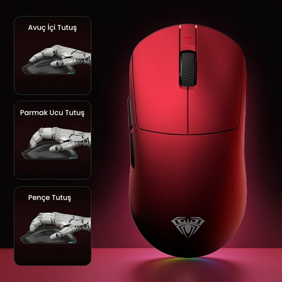 Aula V9 Ultra Plus 42000 DPI PAW3950 8000Hz Tri-Mode Kablosuz RGB Omron Switch Lightweight E-Spor Gaming Oyuncu Mouse Kırmızı - 4