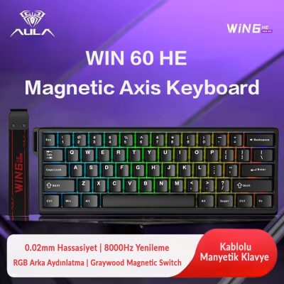 Aula Win60 HE Manyetik Klavye Rapid Trigger GrayWood Swtich 8000Hz RGB TKL Hot Swap Oyuncu Klavyesi Siyah - 3